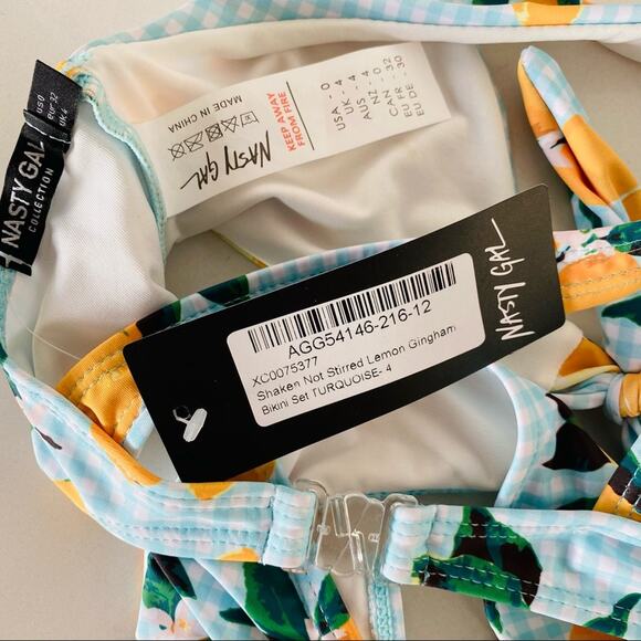 NEW NASTY GAL Blue White Gingham Lemon Plaid High Rise Vintage Cut Swim Bikini 0 - Picture 9 of 10